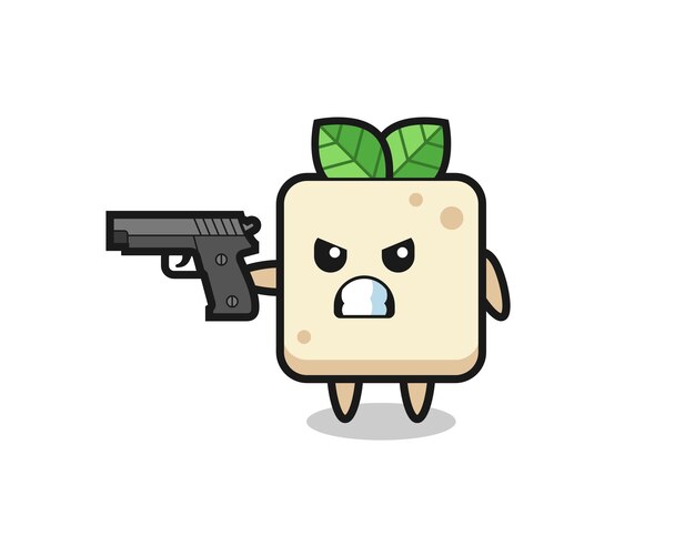 Il simpatico personaggio di tofu spara con una pistola, un design in stile carino per maglietta, adesivo, elemento logo