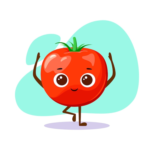 Cute tomato does yoga a sports vegetable