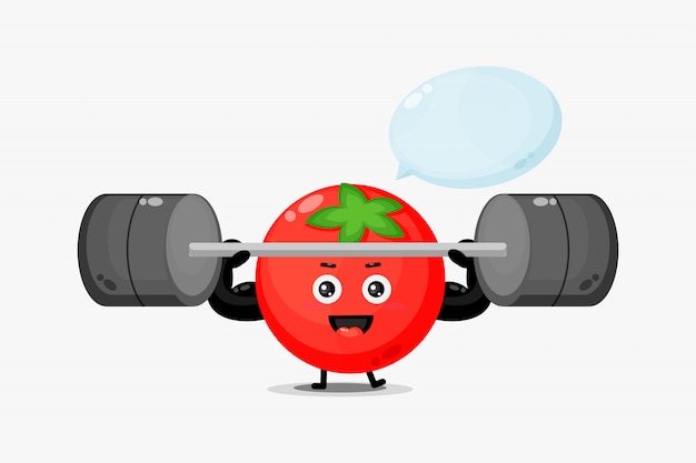 Cute tomato mascot raises a barbell