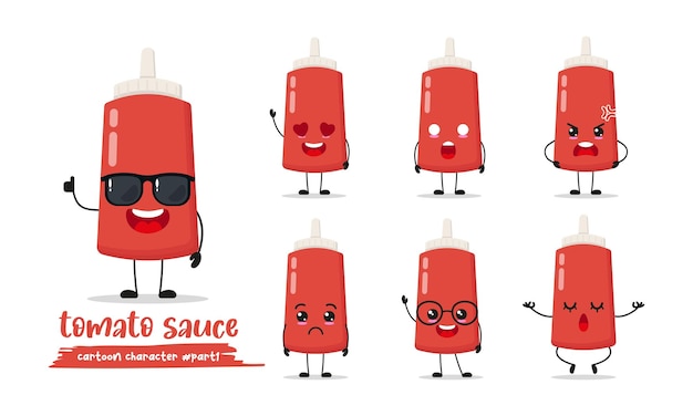 cute tomato sauce wear sunglasses with many expressions tomato sauce bottle different activity pose