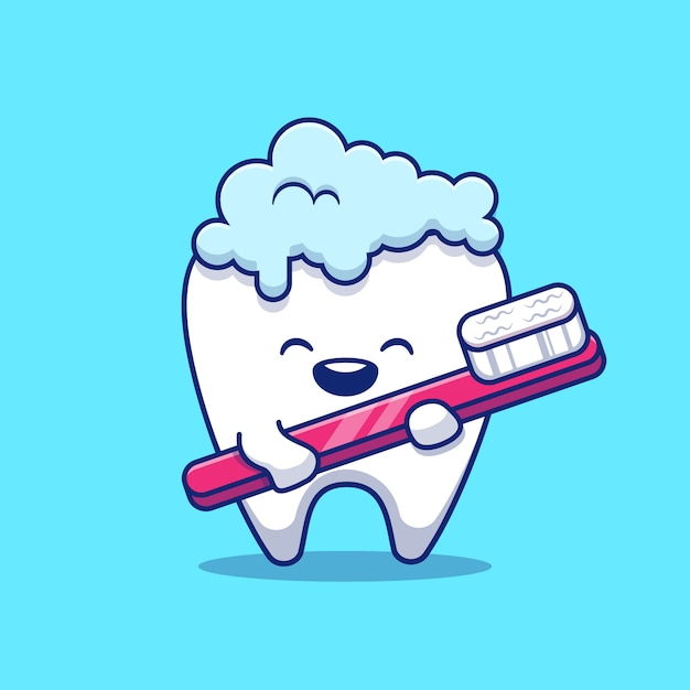 Cute Tooth Brushing   Icon Illustration. Dental Health Icon Concept Isolated  . Flat Cartoon Style