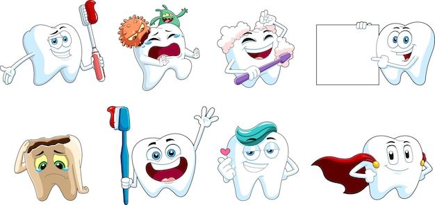 Vector cute tooth cartoon characters vector hand drawn collection set