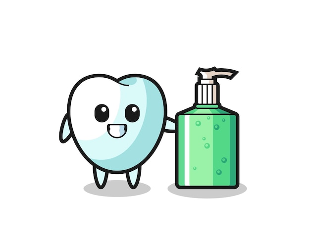 Cute tooth cartoon with hand sanitizer