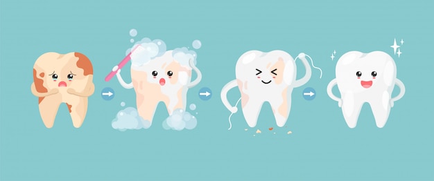 Cute tooth characters in flat style. Step of cleaning teeth stains. from unhealthy teeth to healthy teeth.