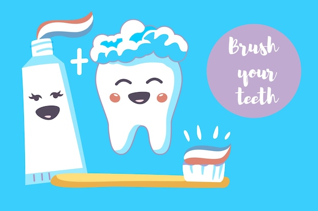 Симпатичные зубные персонажи с зубной щеткой и зубной пастой на ярко-синем фоне мультяшный вектор