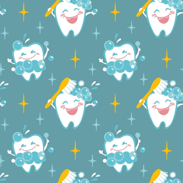 Cute tooth cleans himself with a toothbrush. Children's healthy, beautiful teeth. Kids print.