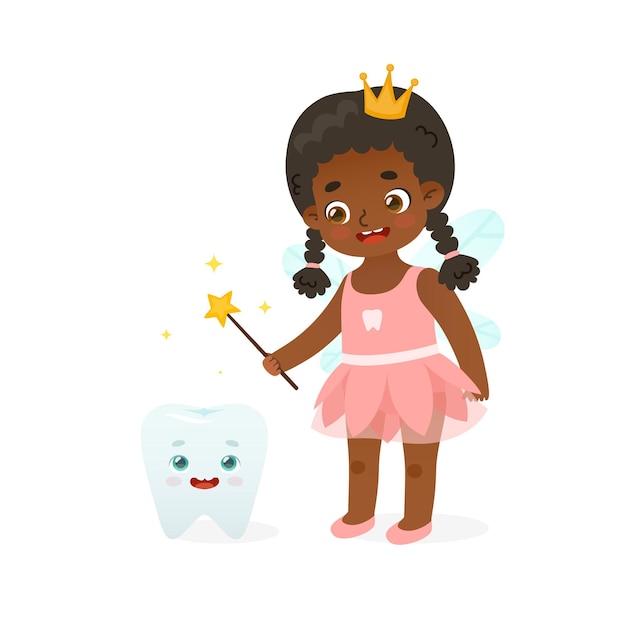 Cute tooth fairy baby girl casts a spell on tooth Cartoon african american tooth fairy dental mascot