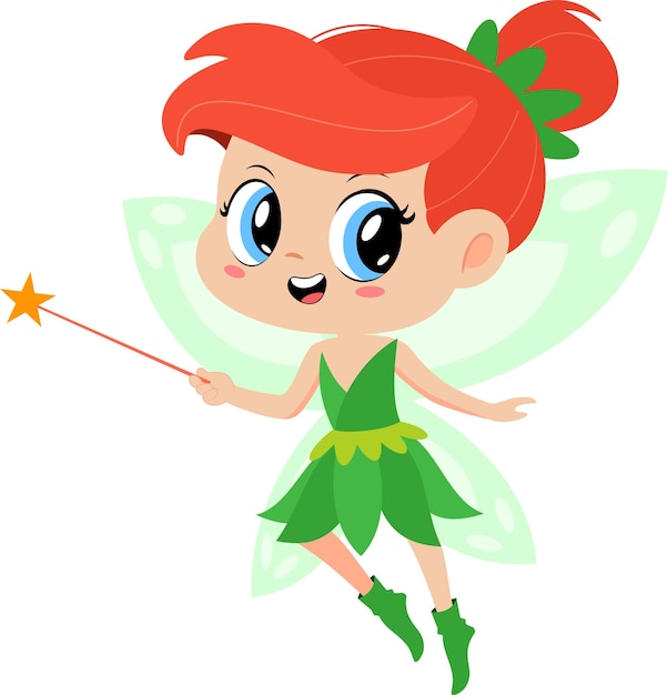 Vettore caratteristica dei cartoni animati cute tooth fairy girl che vola con la bacchetta magica