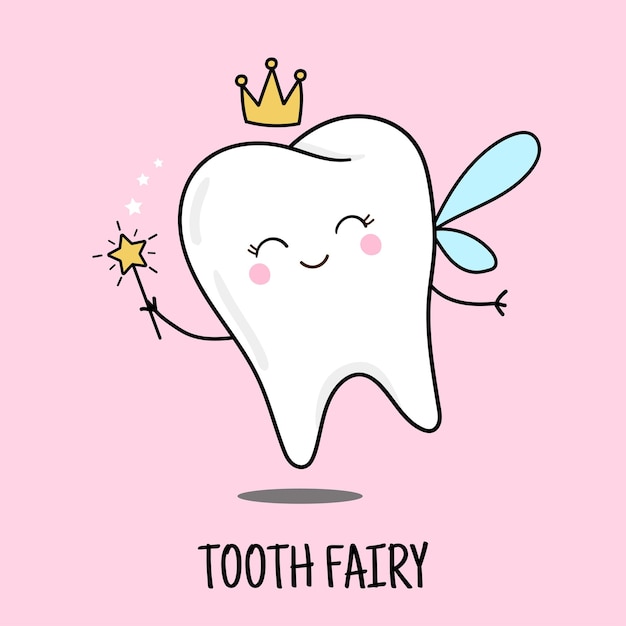 Vector cute tooth fairy  wearing crown and holding a star magic wand. tooth fairy with wings