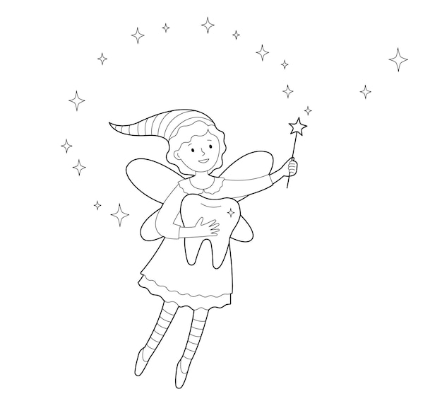 Cute tooth fairy with magic wand and big tooth Contour linear illustration Coloring pages for kids