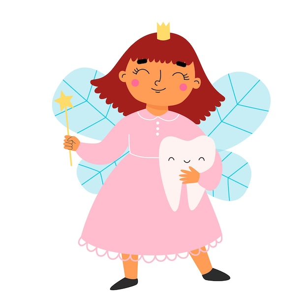 Cute tooth fairy with a tooth. vector illustration