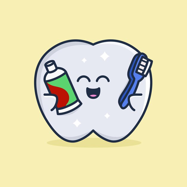 Cute tooth hold brush and toothpaste cartoon