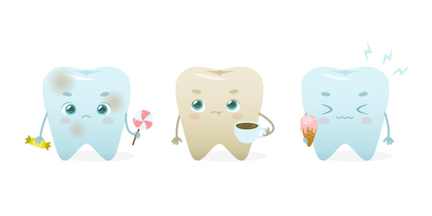 Cute tooth problem set with food Cartoon dental mascot collection Tooth ache from food