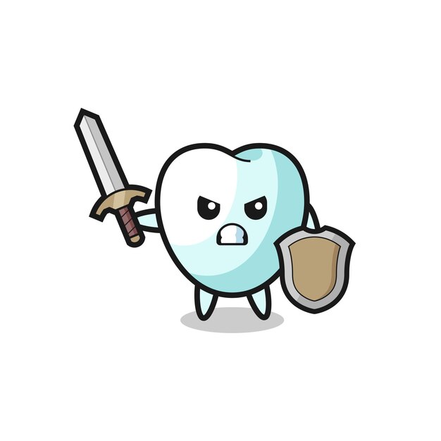 Vector cute tooth soldier fighting with sword and shield