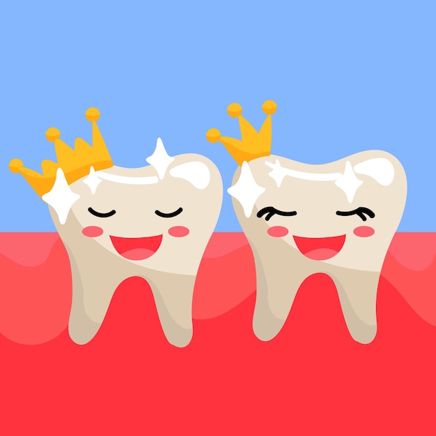 벡터 크라운이있는 귀여운 이빨 웃는 치아 감정으로 즐거운 치아까지 청소하십시오 소녀와 소년