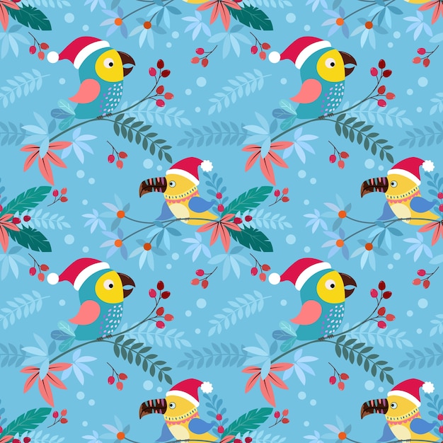 かわいいオオハシの鳥は、枝のシームレスなパターンでクリスマスの帽子をかぶっています。