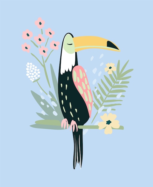 Cute toucan flowers and leaves illustration Tropical summer background