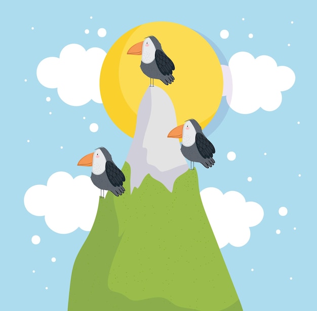 Cute toucans and mountain