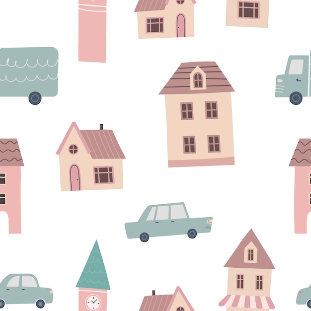 Cute town Seamless pattern Cozy home in Hand draw style Fabric design