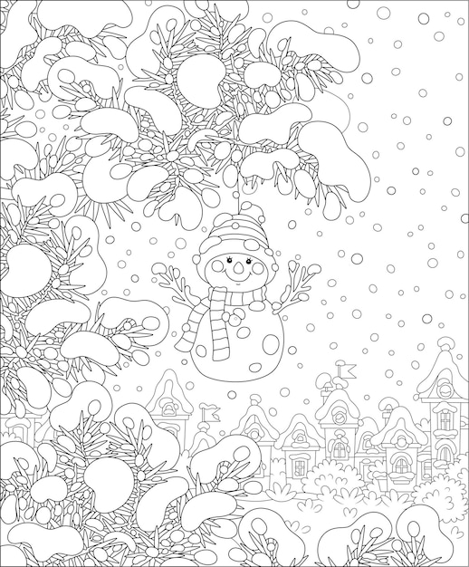 Милый игрушечный снеговик висит на заснеженной еловой ветке елки в заснеженном зимнем парке