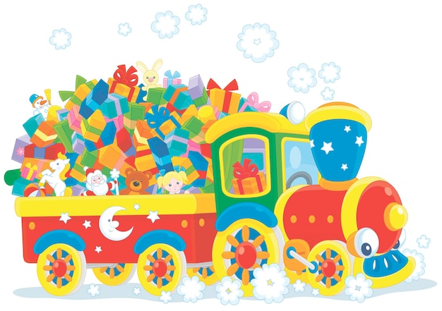 Симпатичный игрушечный поезд с паровозом, тянущий вагон красочных рождественских подарков для маленьких детей