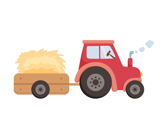 Vector cute tractor with cart agricultural machinery transports hay vector cartoon illustration farm tractor isolated on white background