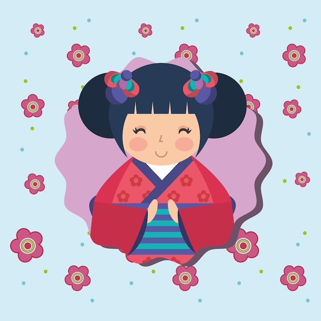 cute traditional japanese kokeshi doll in kimono flowers