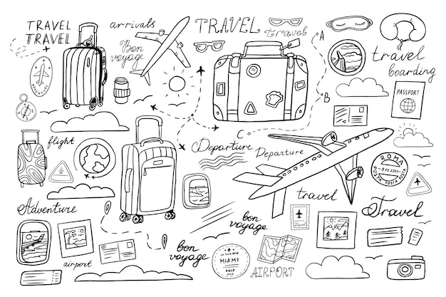 Cute travel set in doodle style Suitcase baggage plane fly ticket postcard flight boarding