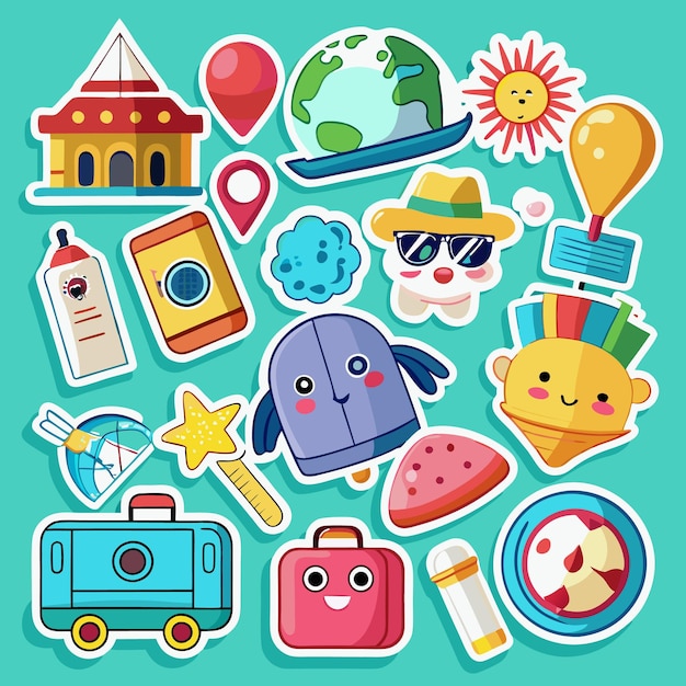 Cute Travel Stickers with Globe Backpack and Camera