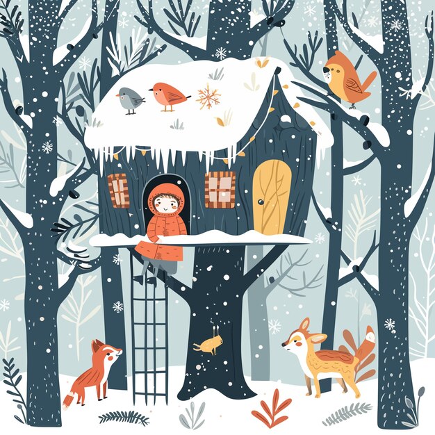 Милый домик на дереве в зимнем лесу с маленькой девочкой