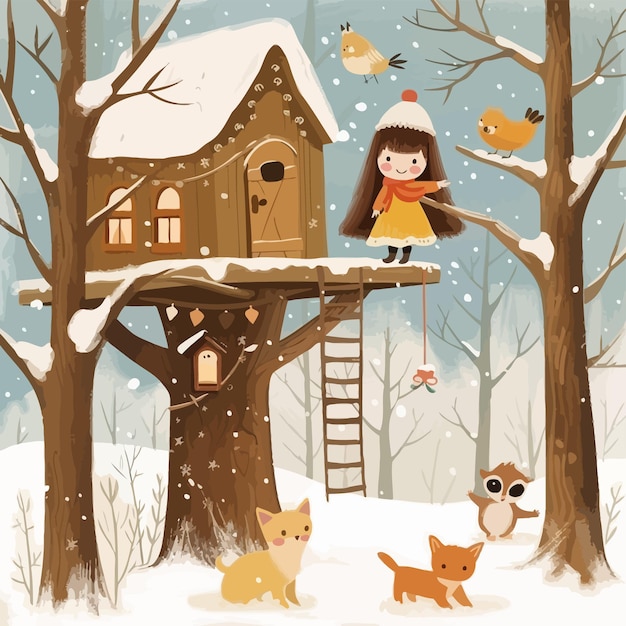 可愛い木の家 冬の森で 小さな女の子と