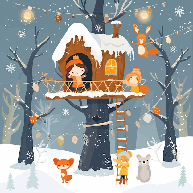 Cute_treehouse_in_winter_forest_with_little_girl