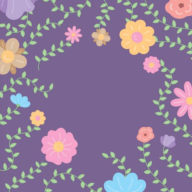 Carino ramo di fiori disegnati a mano alla moda e vettore di illustrazione grafica della vite su sfondo viola