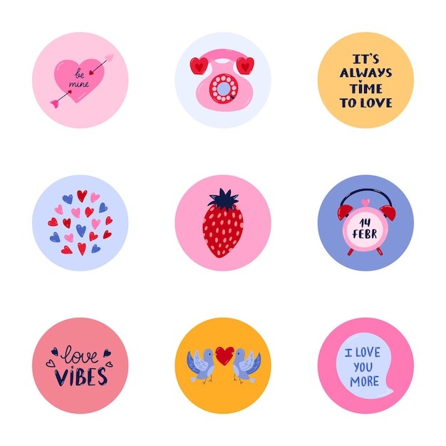 Cute and trendy highlights for different social media bloggers and companies about St Valentine39s day with bright illustrations Vector hand drawn clipart Concept of love romance holiday