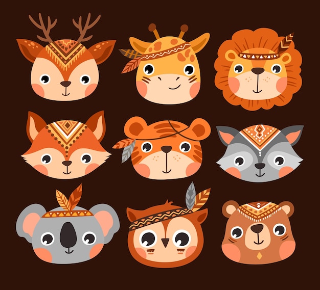 Vector cute tribal animals head