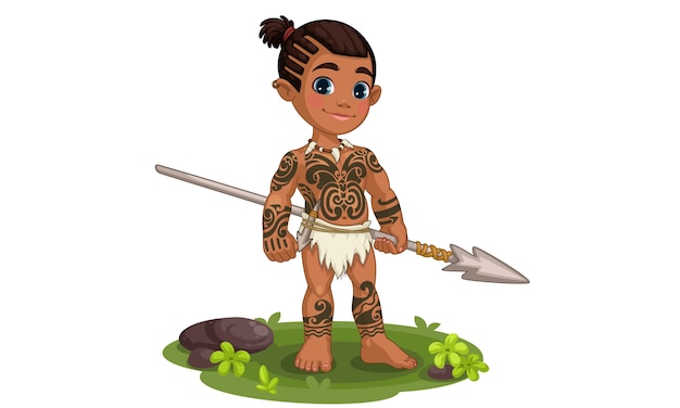 Vector cute tribal boy holding spear illustration