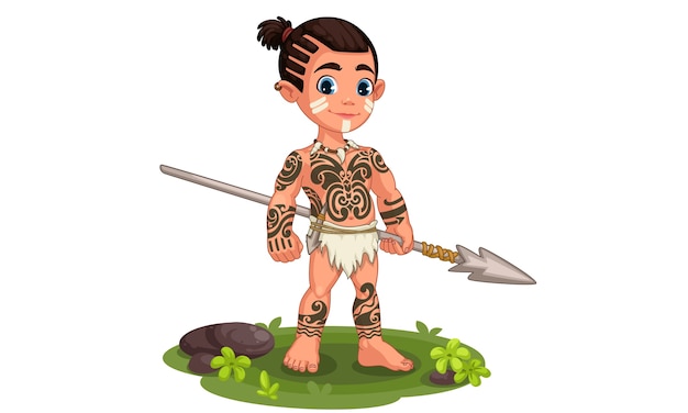 Cute tribal boy in standing pose holding a spear illustration