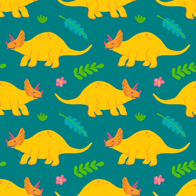 Cute triceratops dinosaur vector seamless pattern on green background childrens print