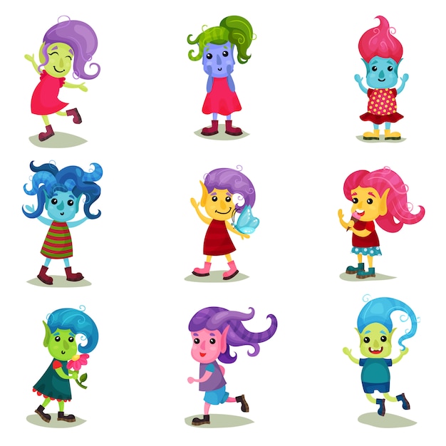 Cute troll characters set, happy creatures with different colors of skin and hair Illustrations on a white background