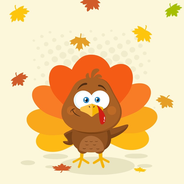 Cute turkey bird cartoon character waving. vector illustration flat design with background