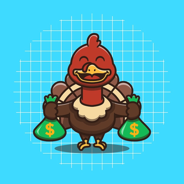 Cute turkey character holding money vector illustration