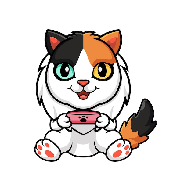 Cute turkish van cat cartoon holding food bowl