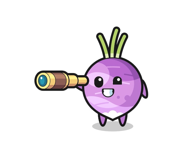 Cute turnip character is holding an old telescope