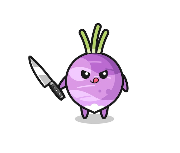Cute turnip mascot as a psychopath holding a knife