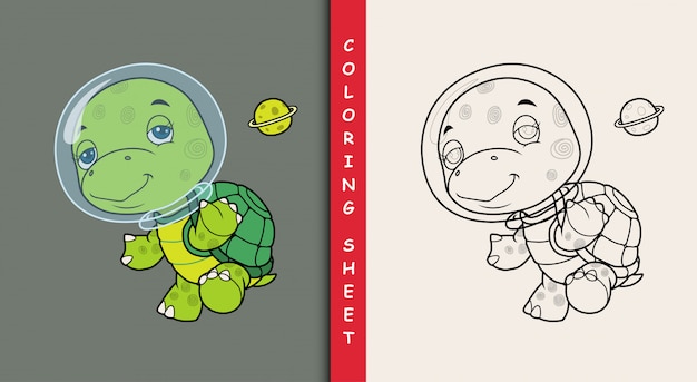 귀여운 거북이 우주 비행사. 착색 시트.