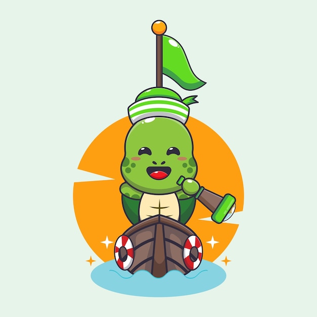 Vector cute turtle on the boat cartoon vector illustration