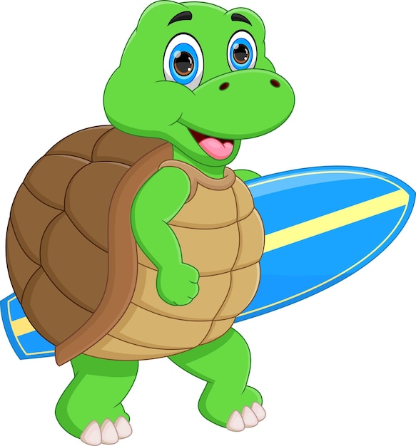 Cute turtle carrying surfboard on white background