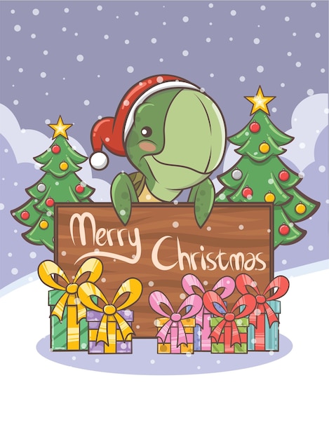 귀여운 거북이 만화 캐릭터-크리스마스 일러스트