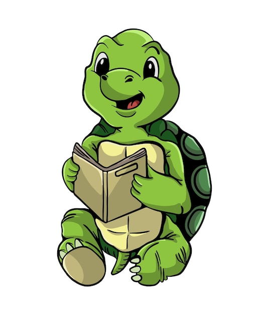 Милый дизайн иллюстрации шаржа черепахи учится читать книгу