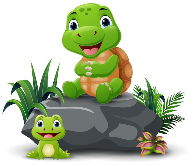 Vector cute turtle cartoon sitting on the stone